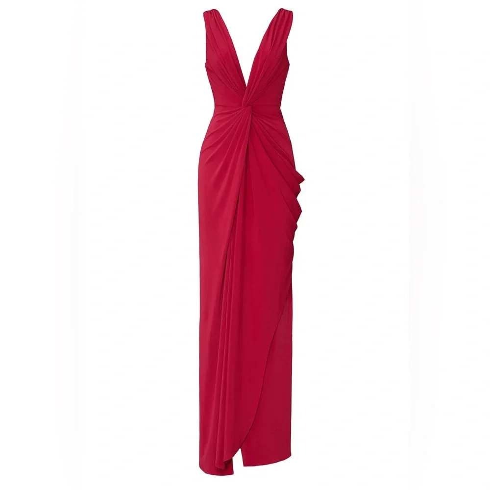 Katie May Dress Women Extra Small Red Leo Gown Ruby Jersey V Neck Draped Maxi